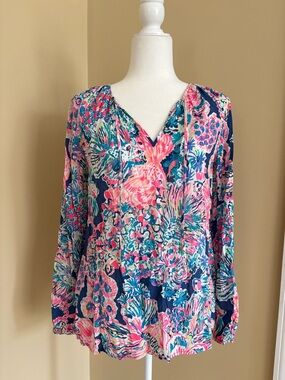 Lilly Pulitzer Navy, Pink & Teal Floral V-Neck Blouse